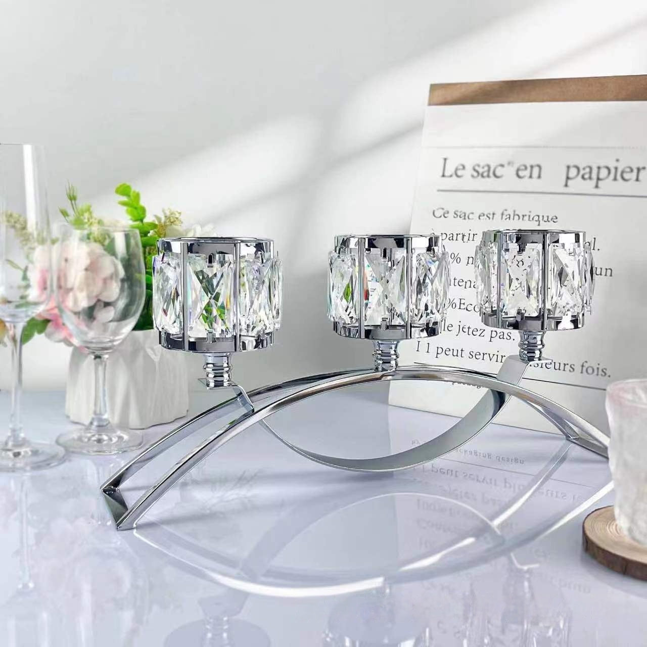 Three-head Metal Crystal Candlestick Table Decoration