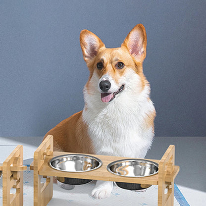 2PCS  Bamboo And Wood Adjustable Cat And Dog Feeding Rack Cat Bowl Feeder Pet Bowl Stainless Steel Meal Rack