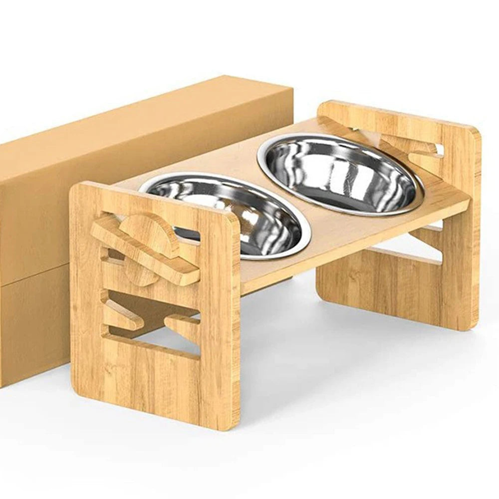 2PCS  Bamboo And Wood Adjustable Cat And Dog Feeding Rack Cat Bowl Feeder Pet Bowl Stainless Steel Meal Rack