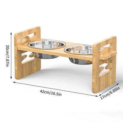 2PCS  Bamboo And Wood Adjustable Cat And Dog Feeding Rack Cat Bowl Feeder Pet Bowl Stainless Steel Meal Rack