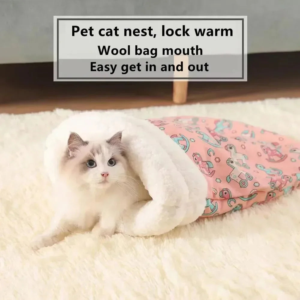 Self Warming Cat Bed, Soft Plush Cat Winter Sleeping Bag, Cat Sleeping Bag for Indoor Cats, Cute Pet Small Puppy Cat Nest Bed